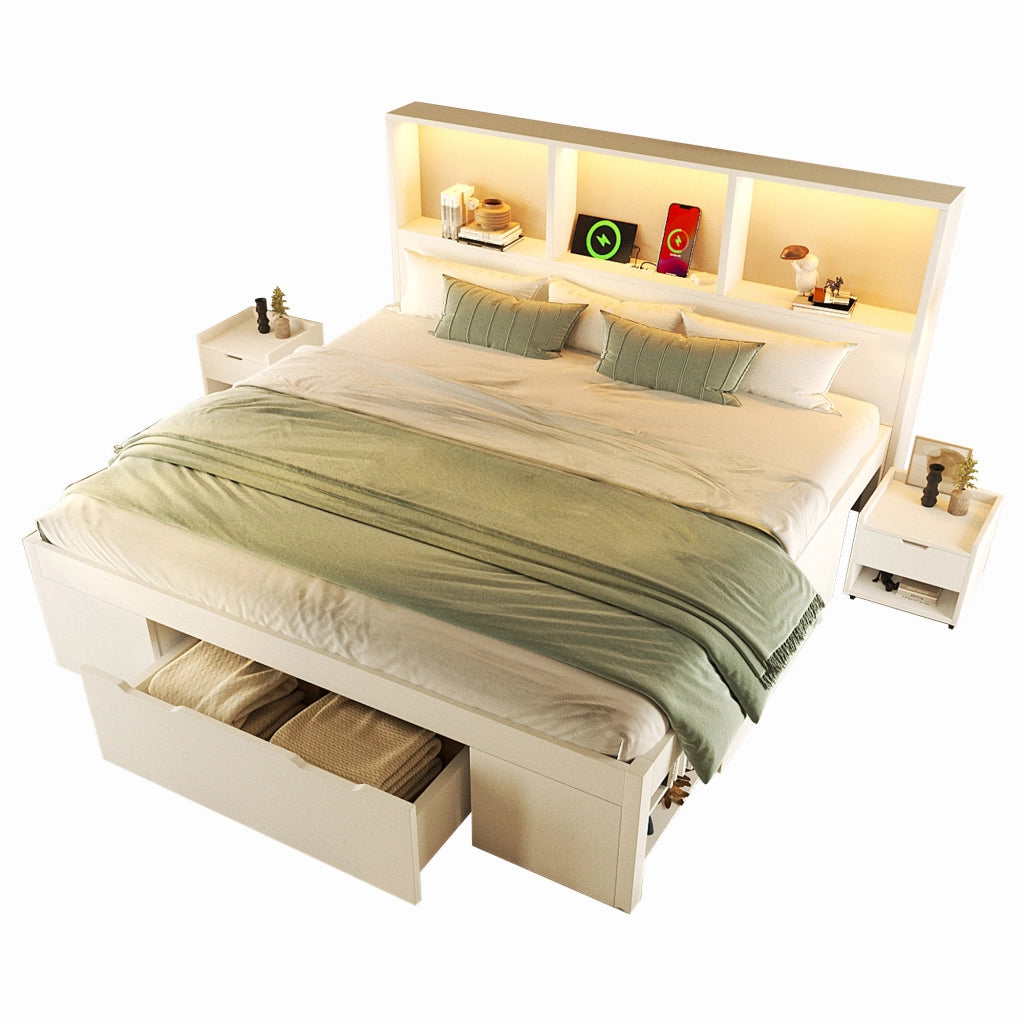 Letto in legno con contenitore, 2 comodini, LED e USB-C, 140x200 cm, bianco