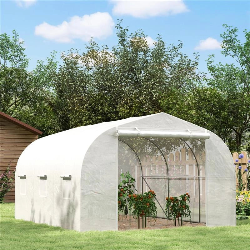 SERRA A TUNNEL PER GIARDINO CON 6 FINESTRE E PORTA A RULLO IN ACCIAIO E PE 3.5X3X2 M BIANCO