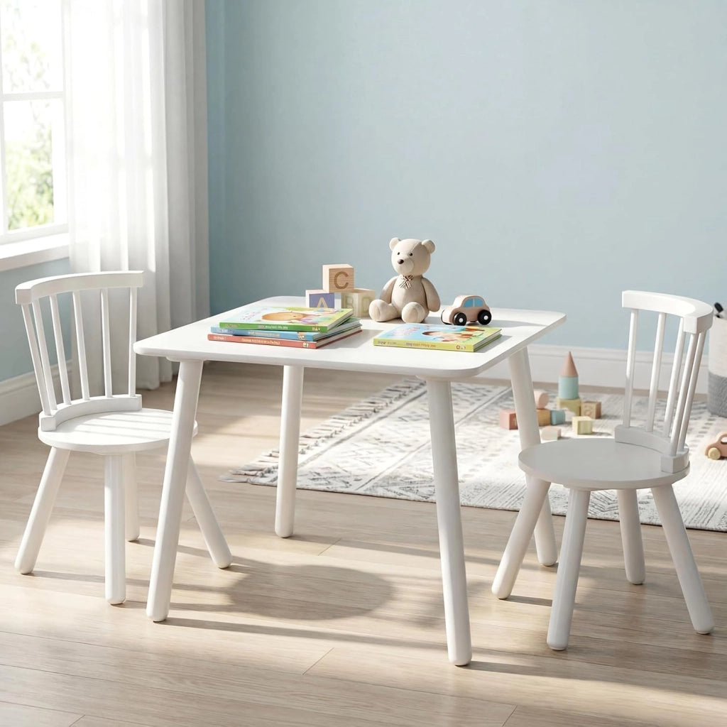Set Tavolo e 2 Sedie per Bambini, Tavolo Attività con Schienali a Spindola Curvi, Sedute Rotonde e Gambe in Legno Massello, Tavolino per Bambini 3+ Anni per Disegno, Gioco e Studio (Bianco)