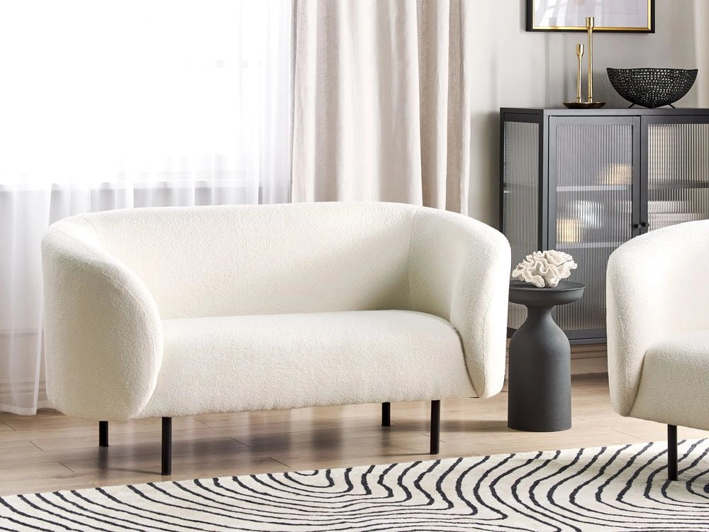 Divano 2 posti in tessuto bouclè bianco e nero con gambe nere stile glamour retrò soggiorno