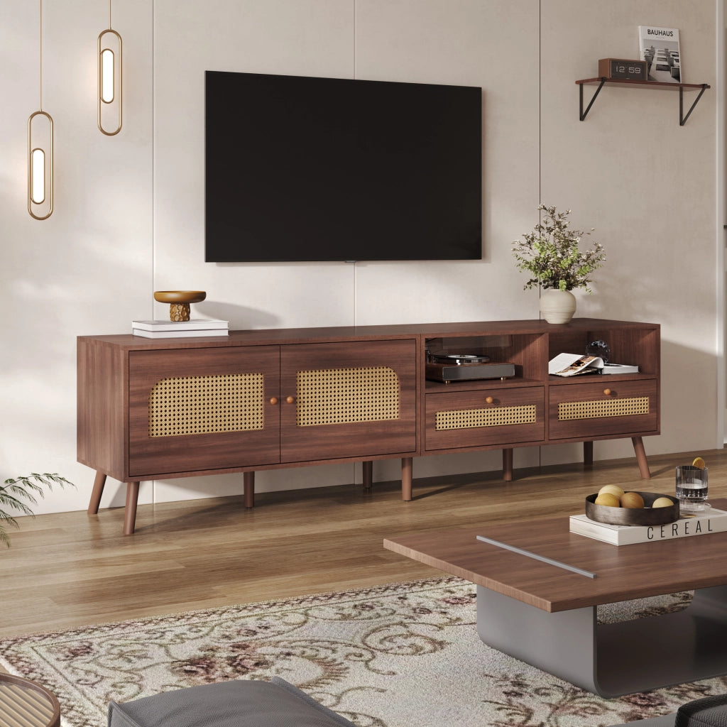 Mobile TV marrone con rattan, 2 ante e 2 cassetti, 200 cm