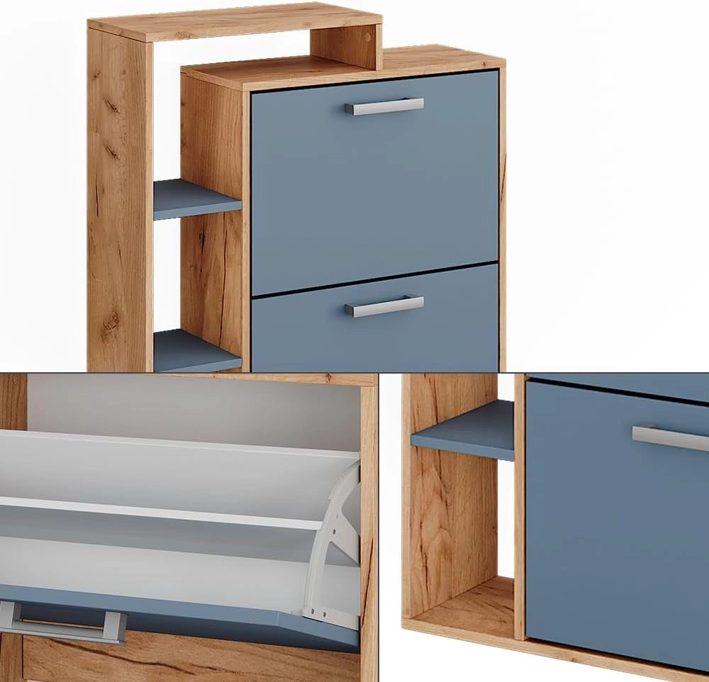 Scarpiera Orlando, Goldkraft rovere/blu, 80 x 90 cm, con due ripiani ribaltabili per riporre le scarpe in modo salvaspazio