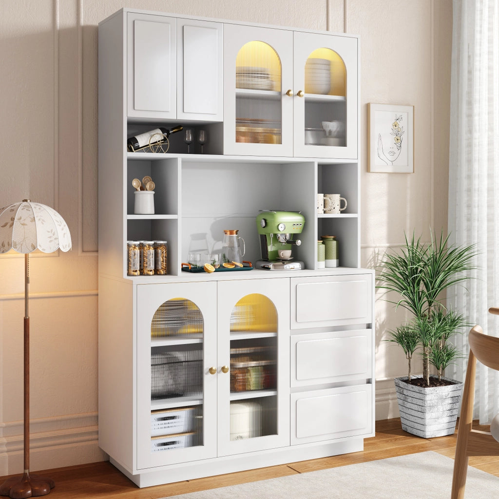 Credenza alta con ante ad arco in acrilico 3 cassetti e LED con controllo app per cucina e soggiorno 106 × 30 × 175 cm