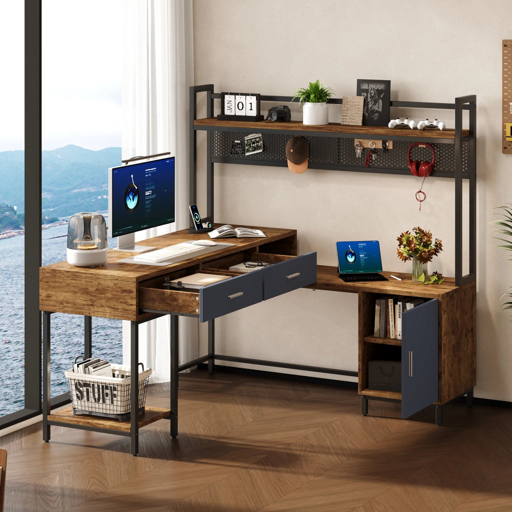 Scrivania angolare industriale 140x140x135 cm con cassetti e anta, struttura in MDF e metallo nero