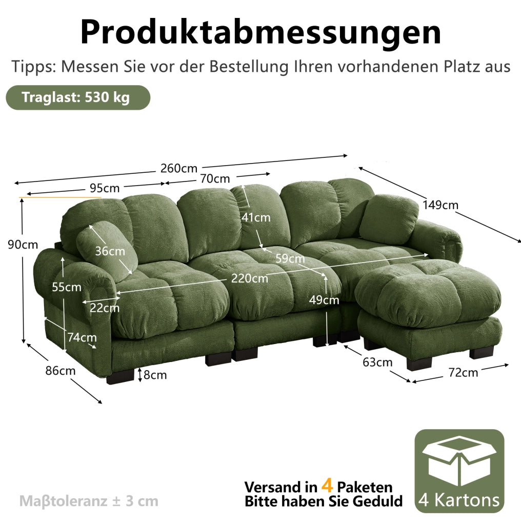 Divano modulare in chenille verde; 260x149x90 cm