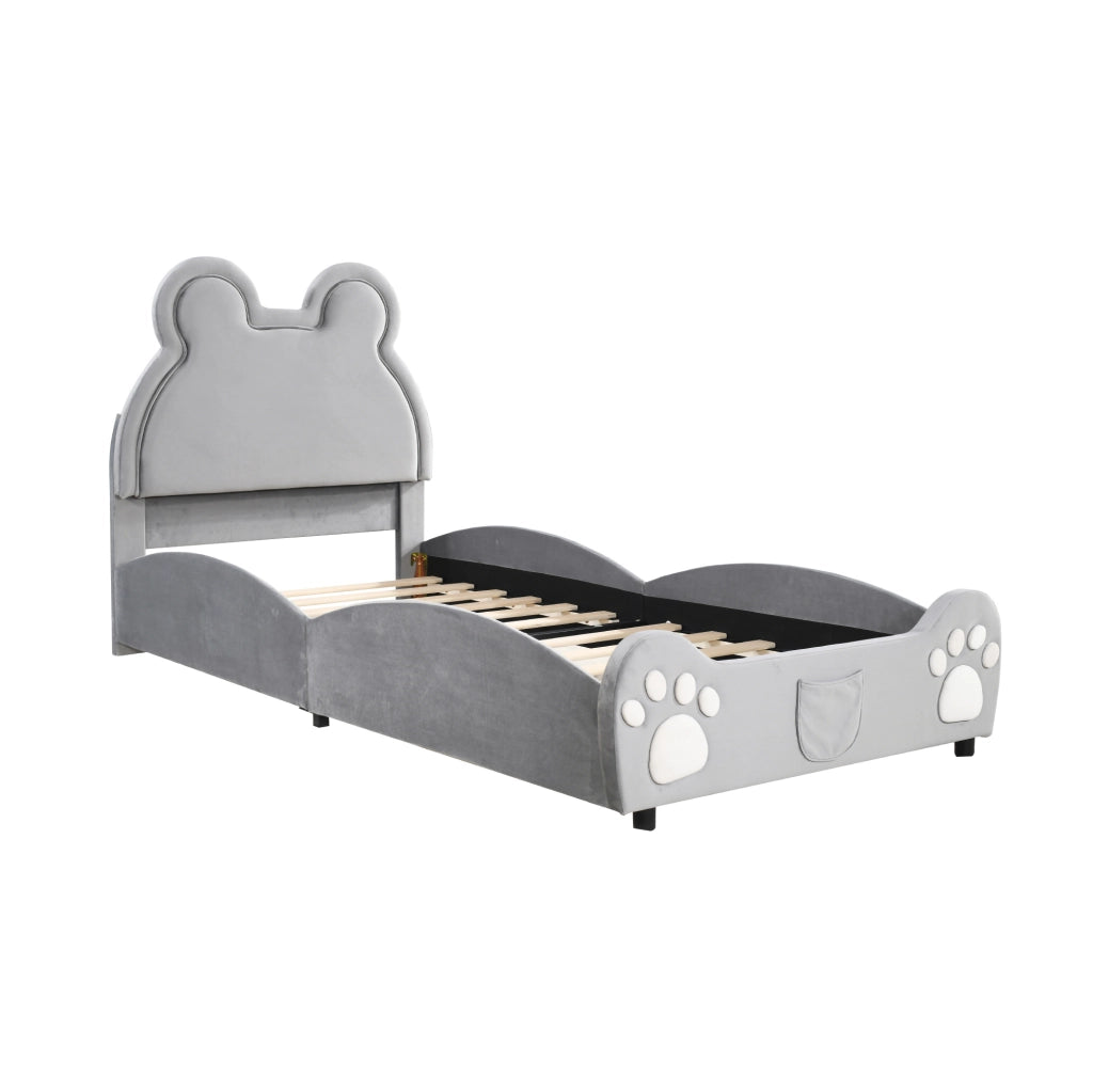 Letto imbottito per bambini a forma di orso 90x200 cm in velluto grigio