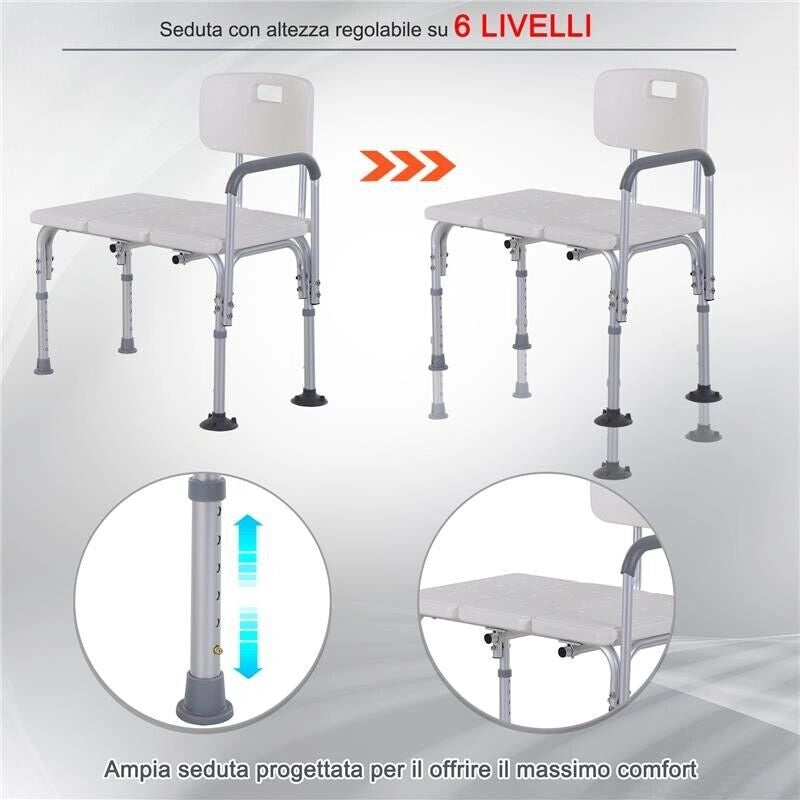 SEDIA PER DOCCIA E VASCA ALTEZZA REGOLABILE 6 LIVELLI ANTISCIVOLO 79X57X80-92CM