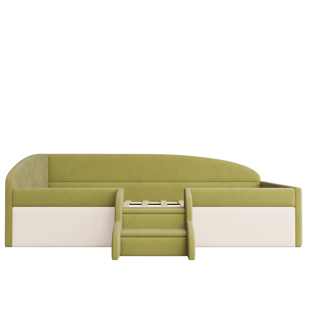 Letto per bambini 90 × 190 cm con sponde di sicurezza e gradini antiscivolo, senza materasso, in velluto, verde