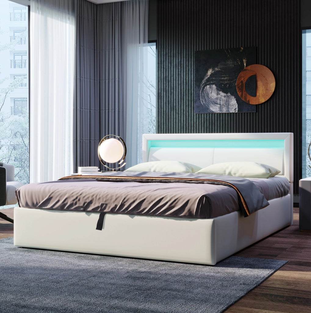 Letto imbottito 140x200 cm con contenitore e LED in PU bianco