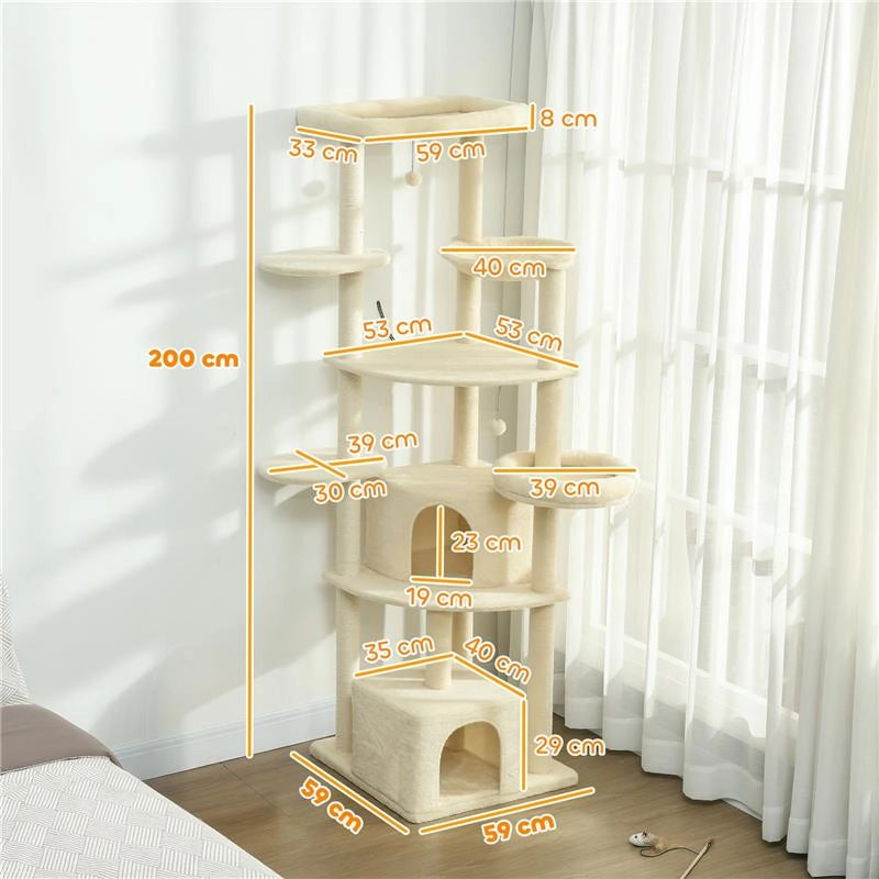 ALBERO PER GATTI ALTO 200 CM MULTILIVELLO CON 2 CASETTE, 2 LETTINI E AMACA, STRUTTURA PER 2-3 GATTI, BEIGE