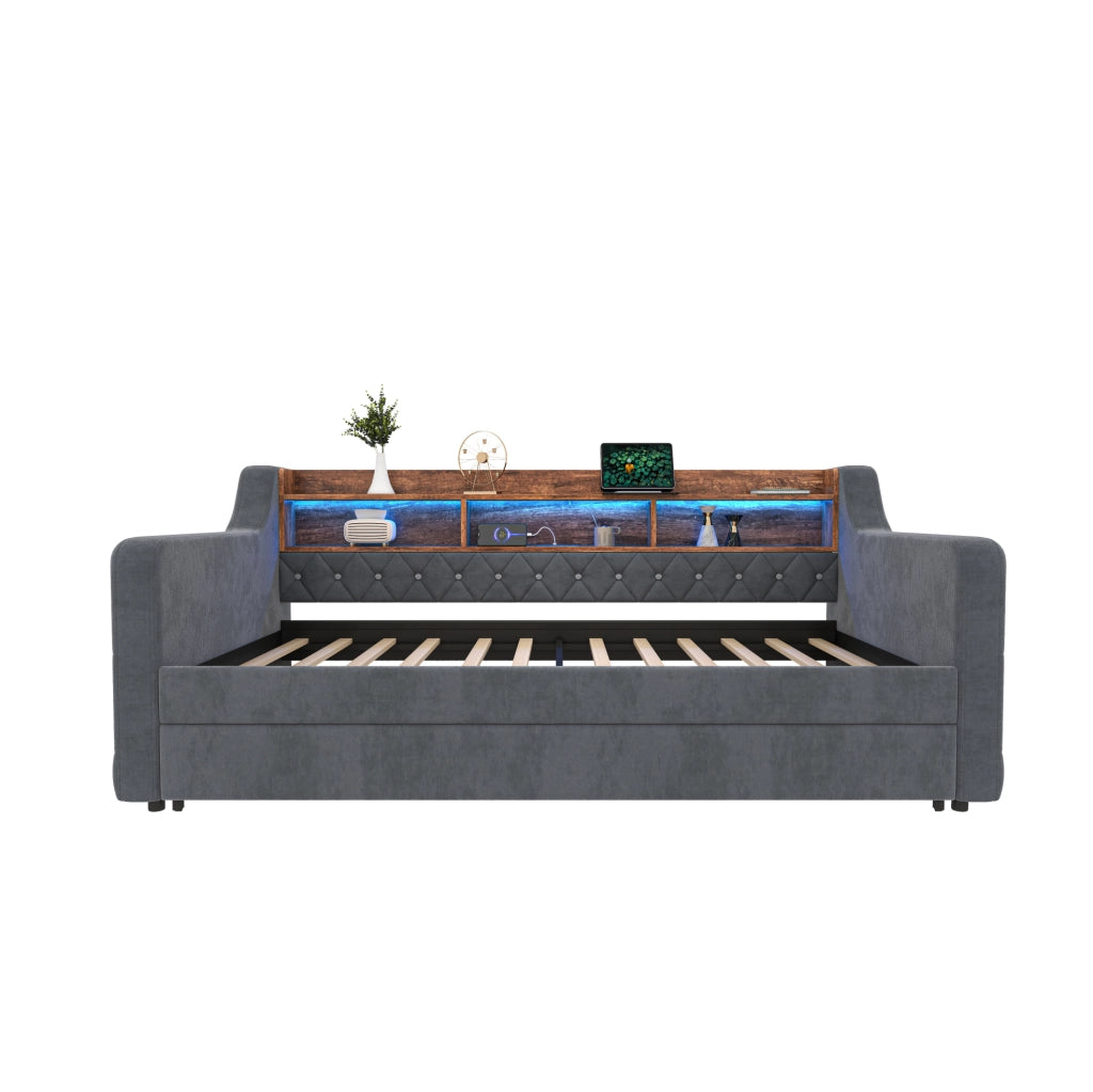 Divano letto 90x190 cm in velluto grigio scuro con LED e USB-C