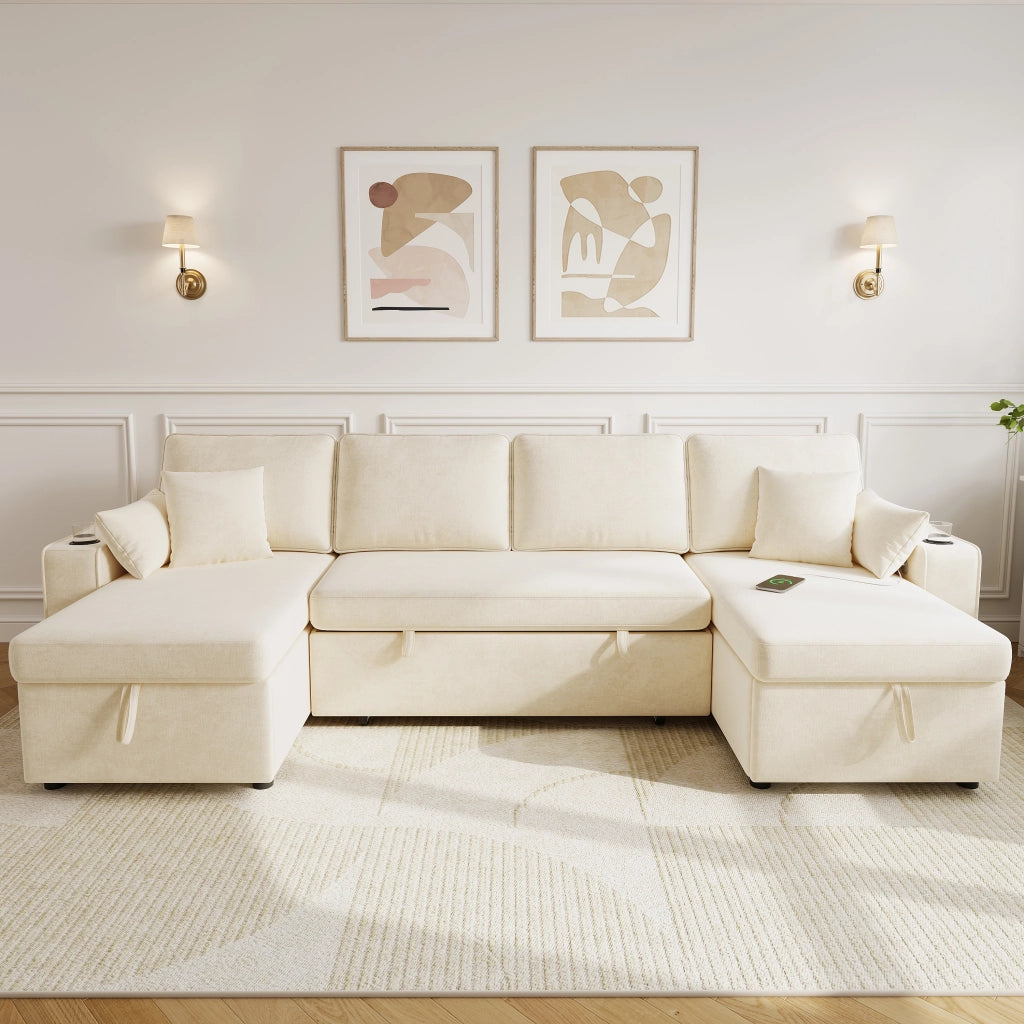 Divano Angolare con Funzione Letto ¨C MINIMAL ¨C Beige, Chaise Longue, Contenitore, USB