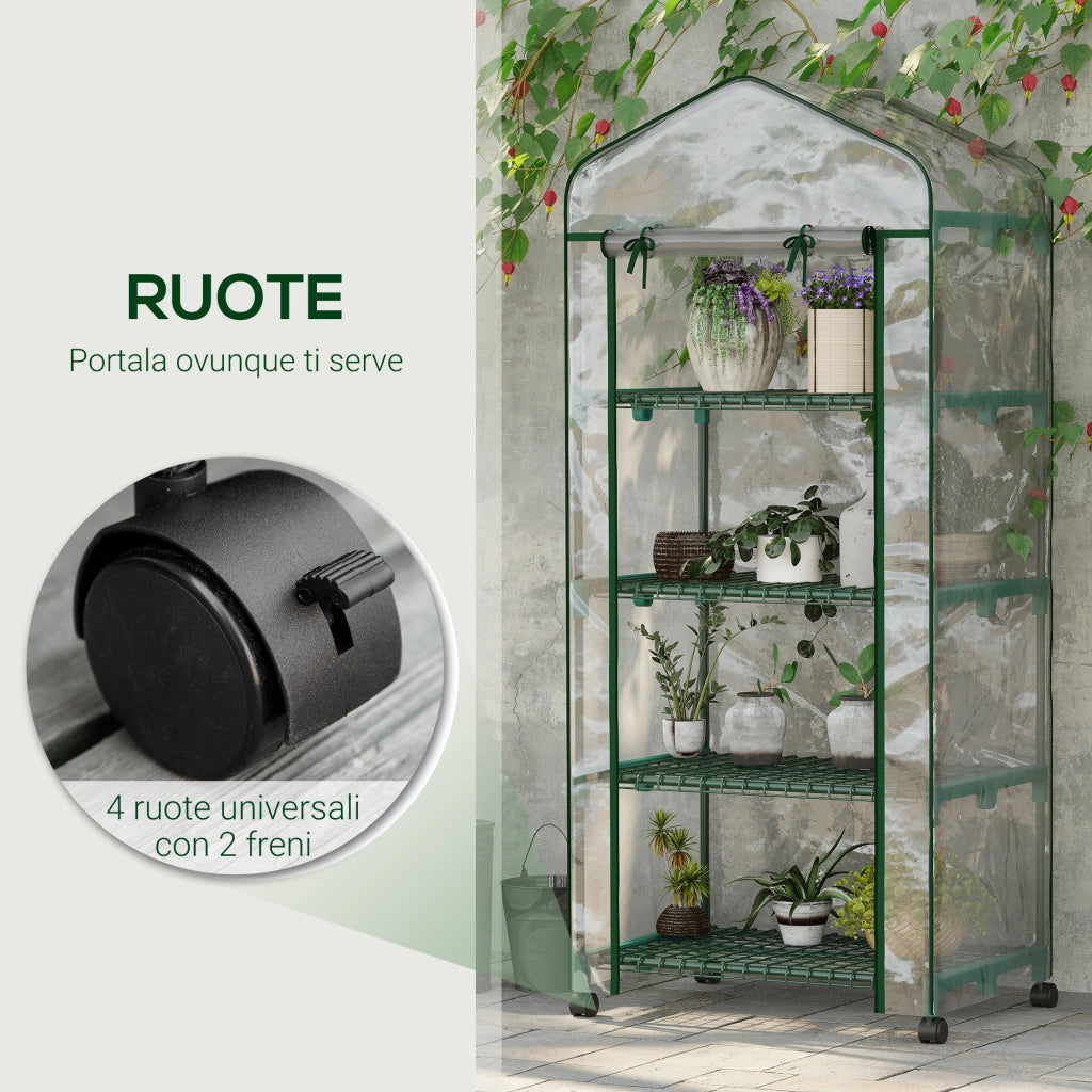 Serra per Piante Verticale con Scaffale a 4 Ripiani in Acciaio e PVC Verde, 69x50x165cm