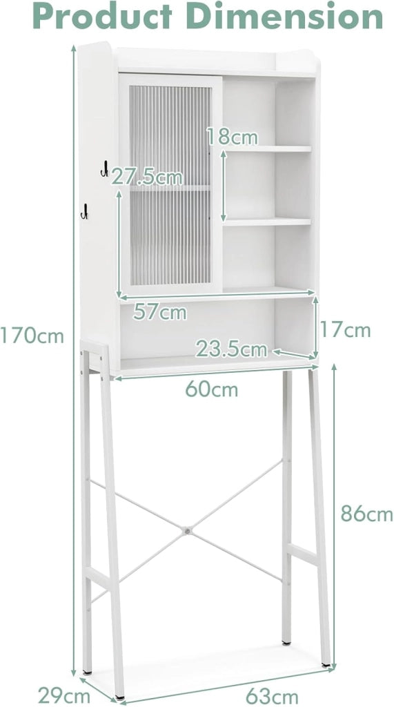 Scaffale da Bagno sopra WC, Mensola con Porta Scorrevole,3 Ripiani Regolabili in Altezza, Mobile Bagno con 2 Dispositivi Antiribaltamento e 2 Ganci (Bianco)