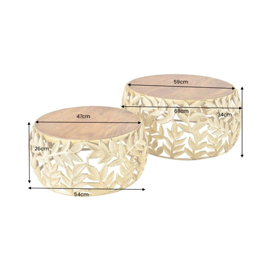 Set di 2 tavolini METRIX dorati con motivo fogliame - Tavolini design in alluminio e legno di acacia