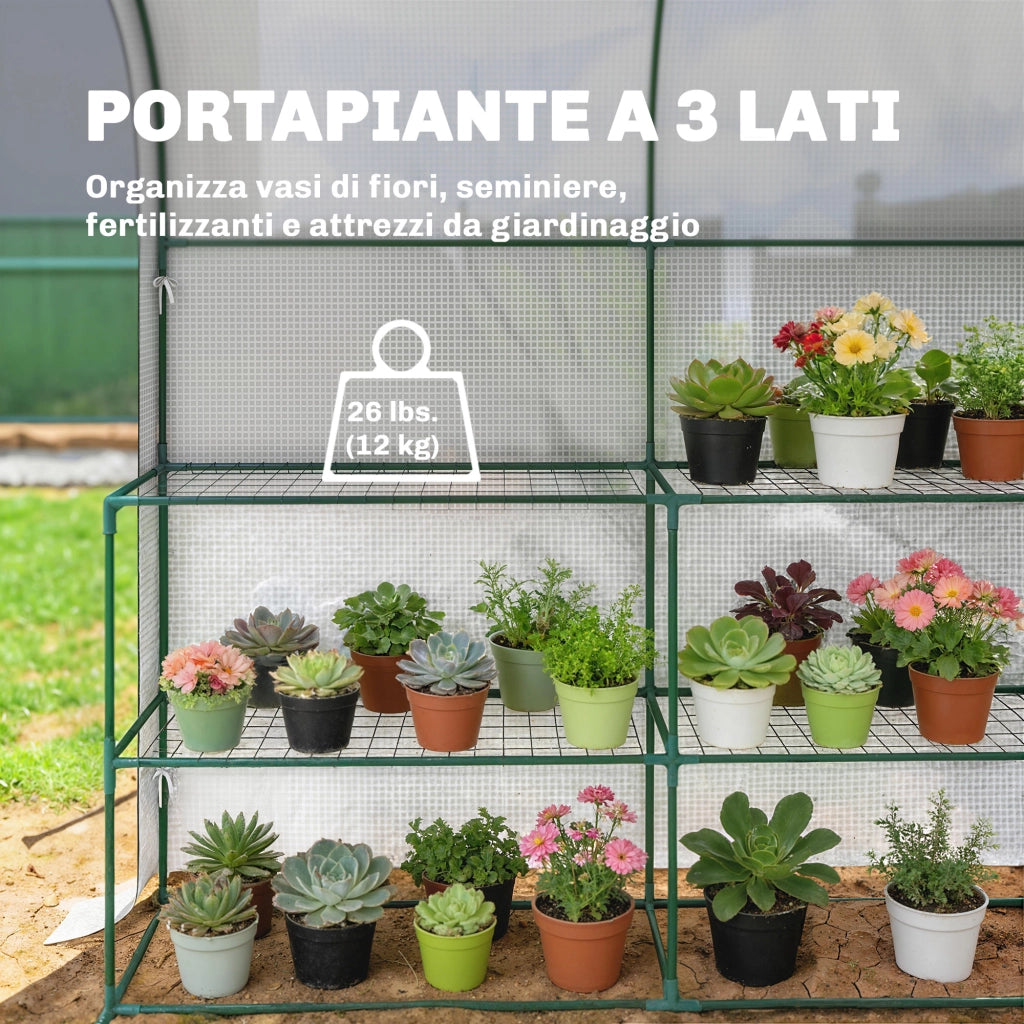 Serra da Giardino 123x187x189 cm con Scaffali a 2 Livelli e Porta Avvolgibile in Acciaio e PE Bianco