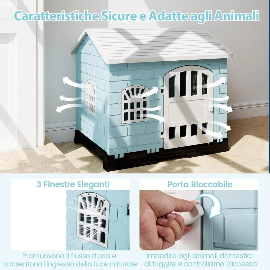 Cuccia per Cani da Esterno ed Interno, Casetta Impermeabile e Ventilata con Vassoio Toilette Rimovibile, Porta Bloccabile, 3 Finestre e Tetto a Pendenza, per Cani di Piccoli e Gatti (Blu)