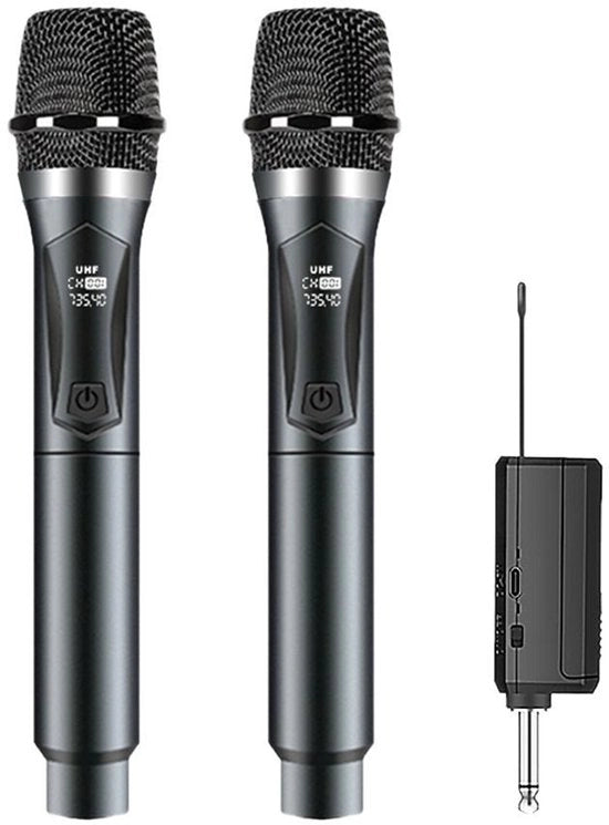 Impianto di karaoke wireless con due microfoni, riduzione del rumore intelligente, display LED, durata batteria 8 ore e ricevitore.