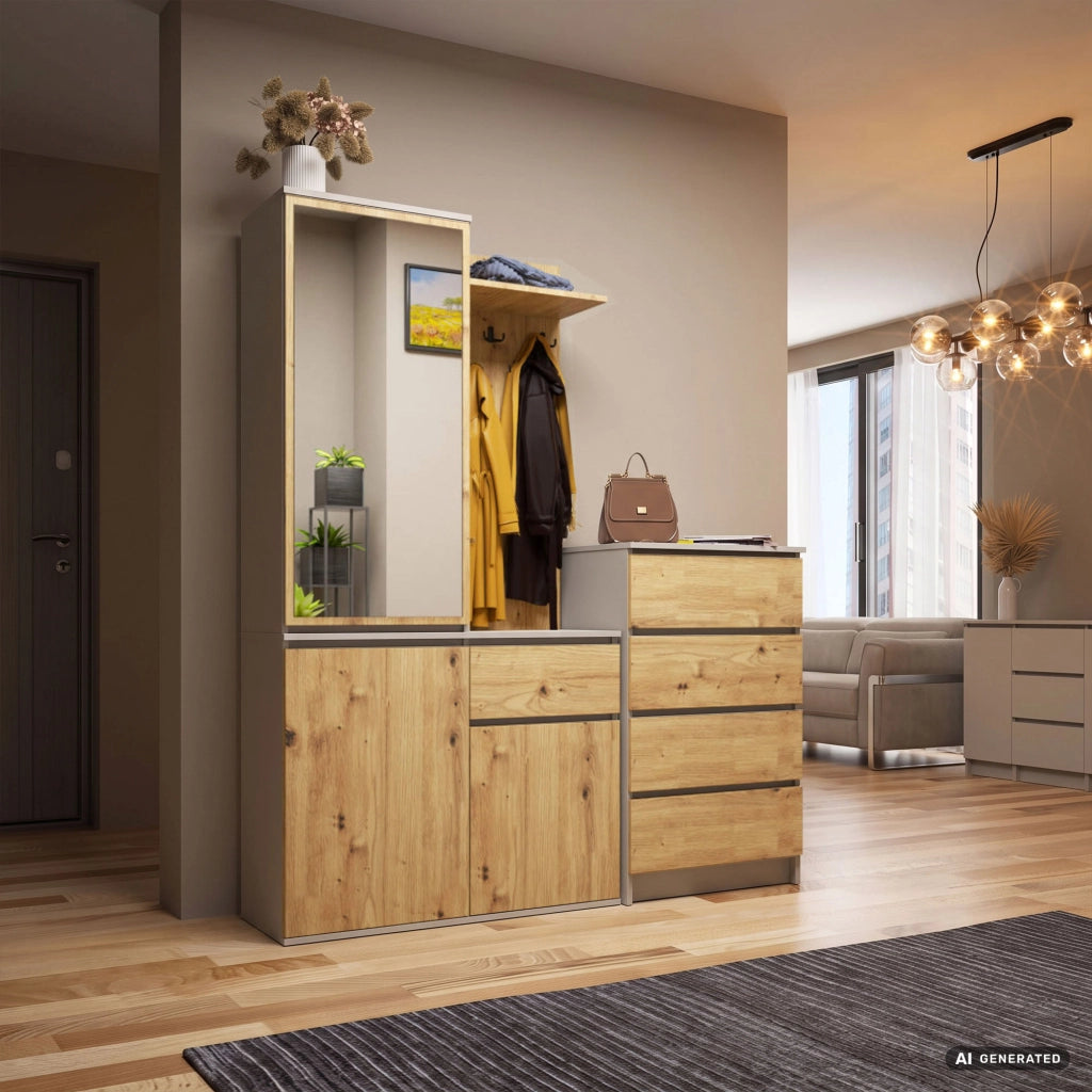 Mobile ingresso ENTRO 95 cm con specchio appendiabiti e scarpiera Cashmere e Rovere Artisan