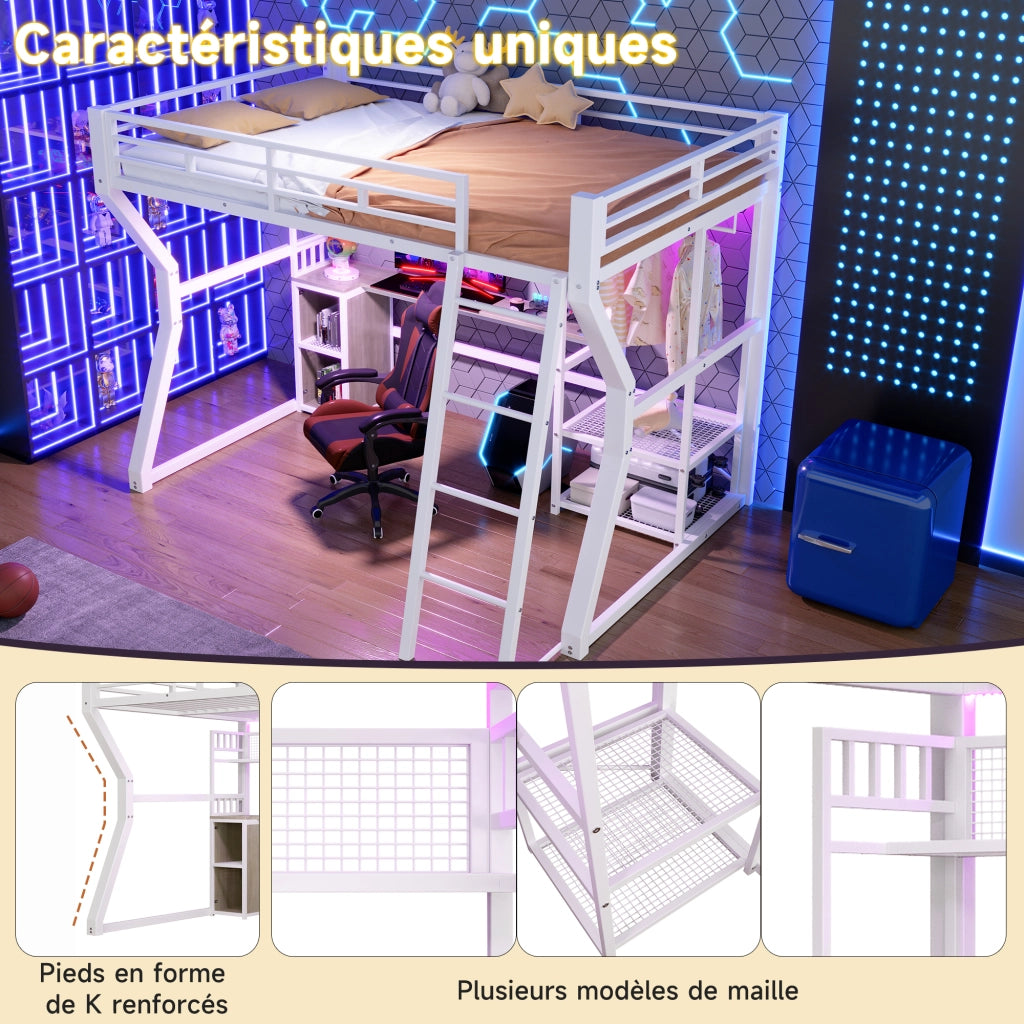 Letto a soppalco 140 × 200 cm con scrivania, ripiani, barra appendiabiti, luce LED e presa, senza materasso