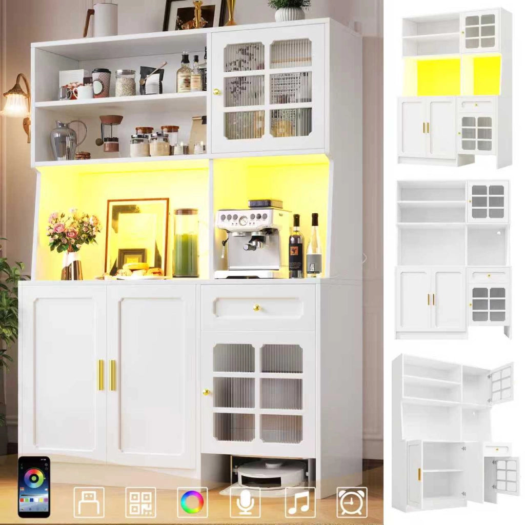 ARMADIO CUCINA 130x45x180 cm Bianco in MDF con ante in vetro e LED