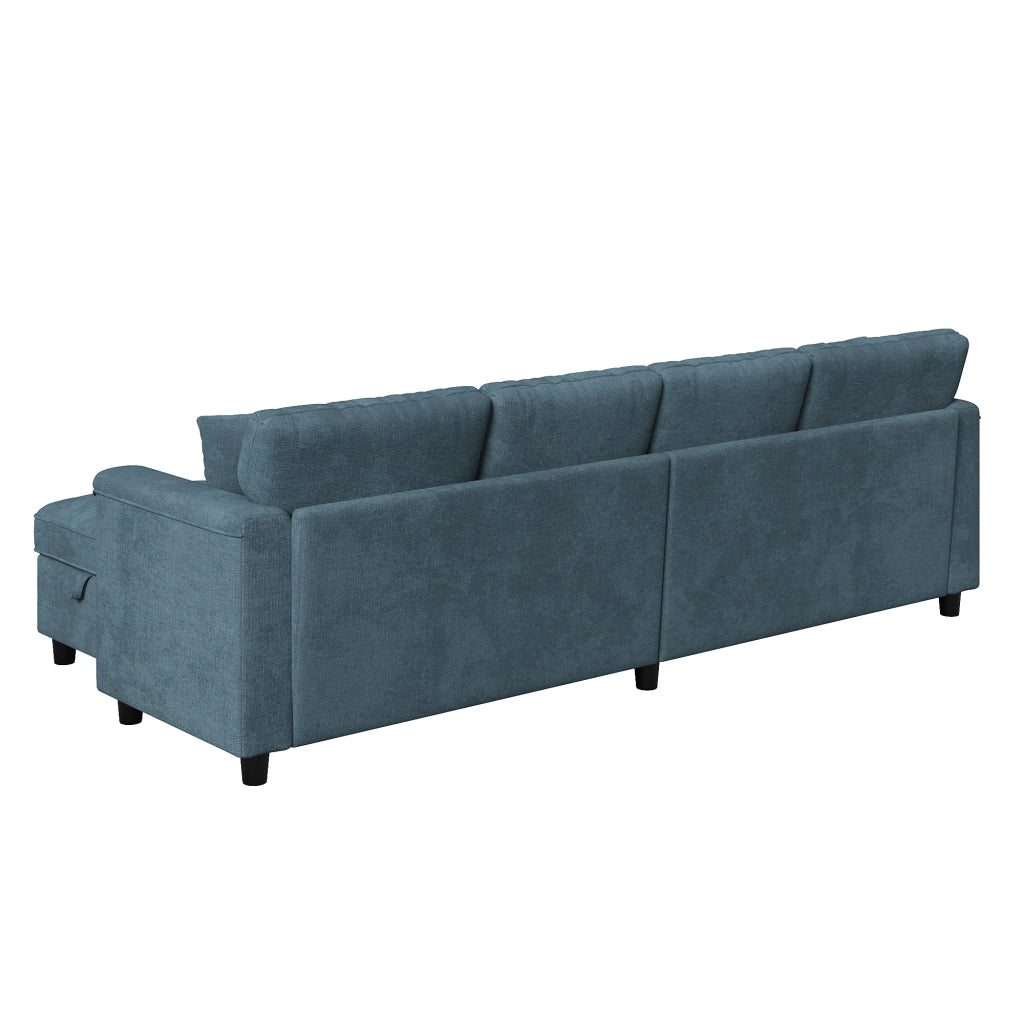 Divano modulare blu in ciniglia 261x134x82 cm con pouf contenitore; USB e Type-C