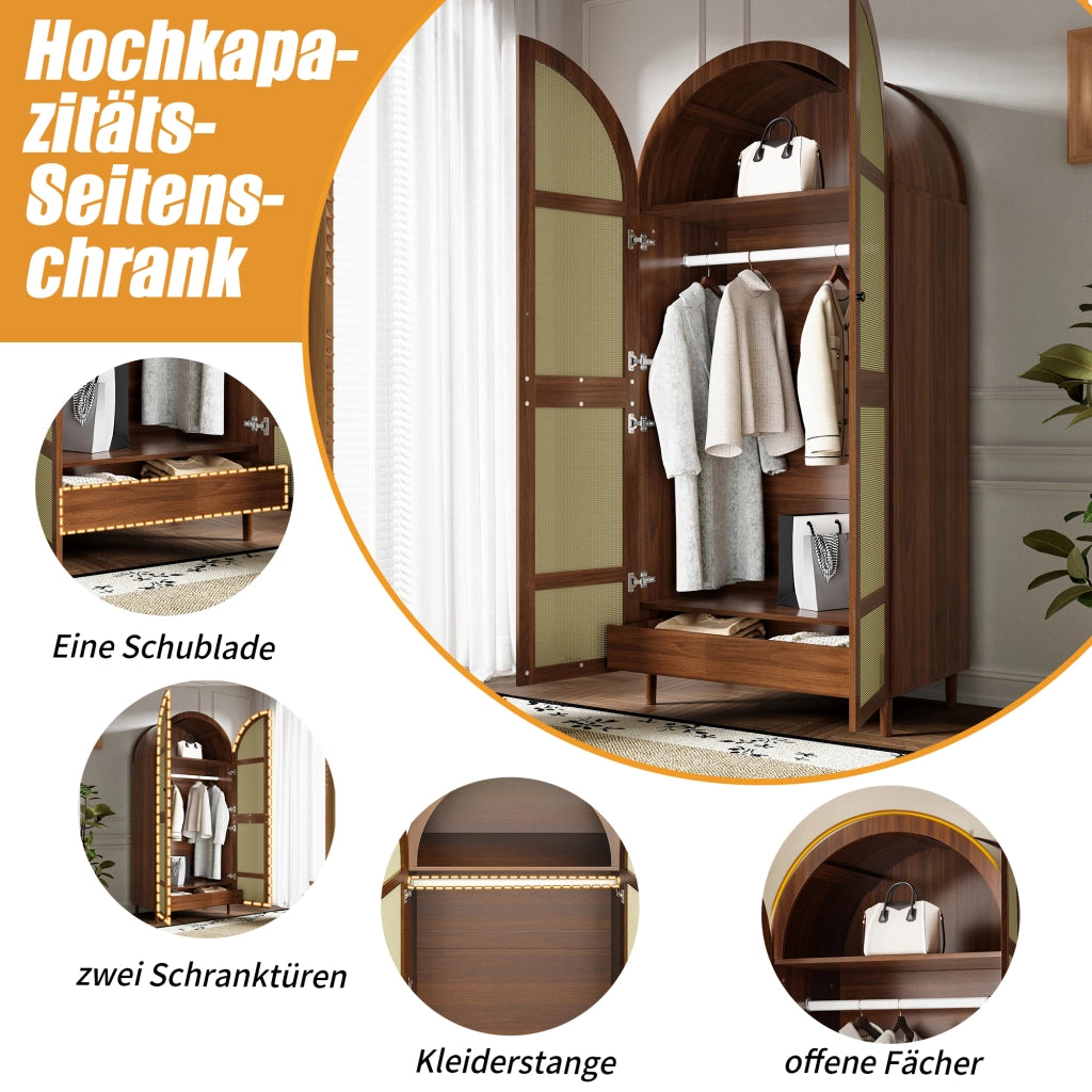 Armadio con ante curve e inserto in rattan, 1 asta appendiabiti, cassetti, per ingresso e camera, 80 × 50 × 179 cm