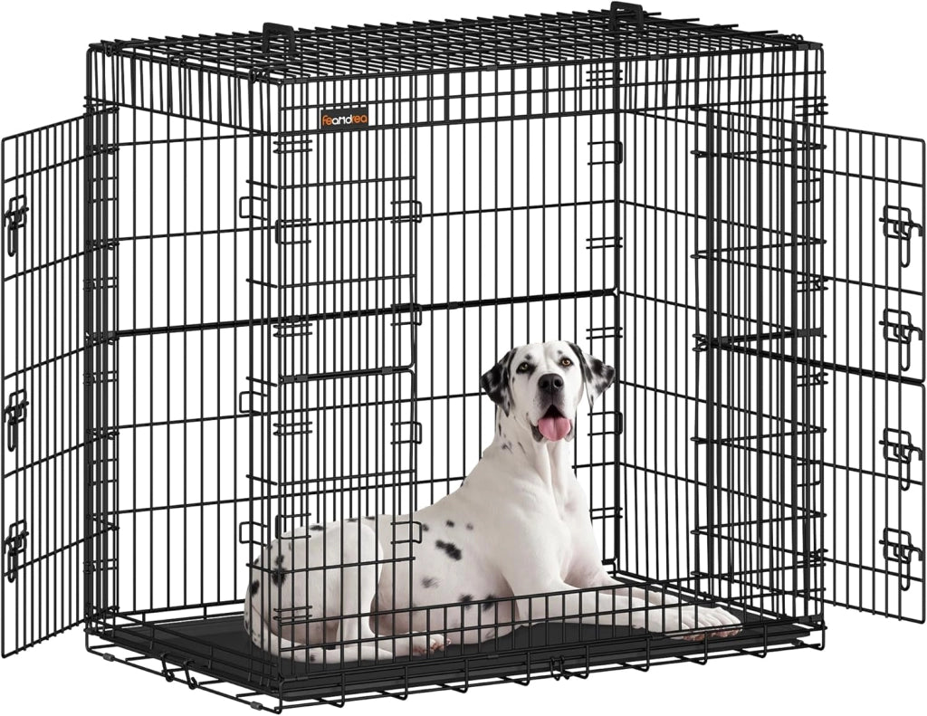 Feandrea Gabbia per Cani Pieghevole, con 2 Porte, Vassoio Rimovibile, 107 x 70 x 77,5 cm, XL, Nero PPD42H