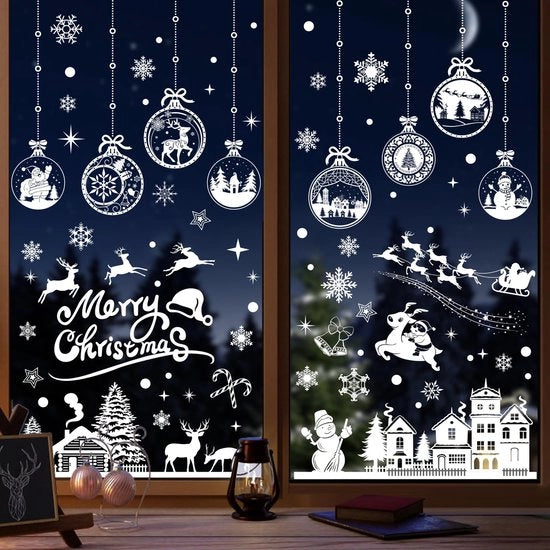 Set di 245 adesivi per finestra da decorazione natalizia, adesivi da finestra bianchi, doppie facce, riciclabili, adesivi PVC statici per decorazione natalizia (10 fogli, 20 x 30 cm)
