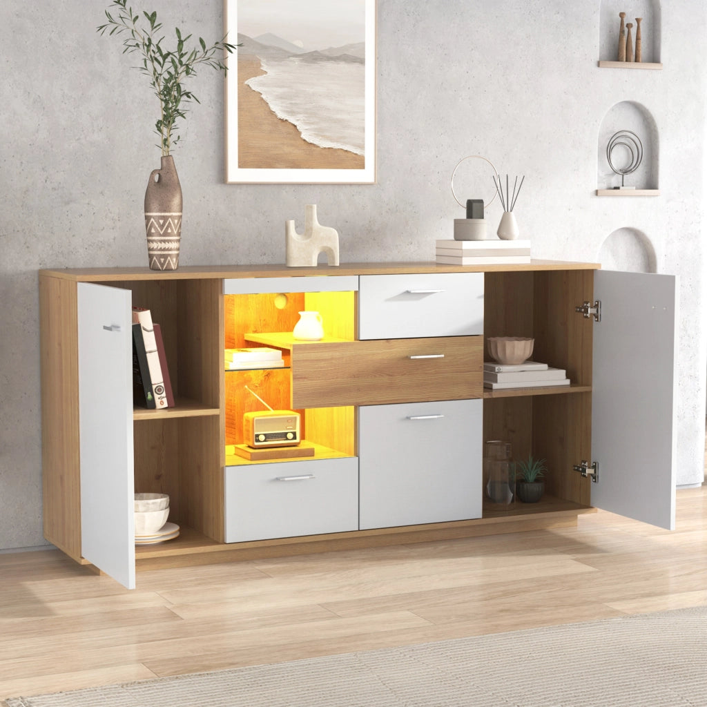 Credenza Moderna con LED ¨C Xylo ¨C Bianco, Legno, 2 Ante, 4 Cassetti, 160x40x77