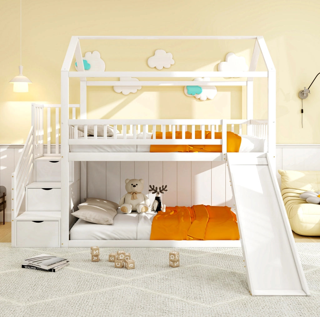 Letto a soppalco 90x200 cm con scivolo e scala contenitore in legno; metallo; compensato e MDF bianco
