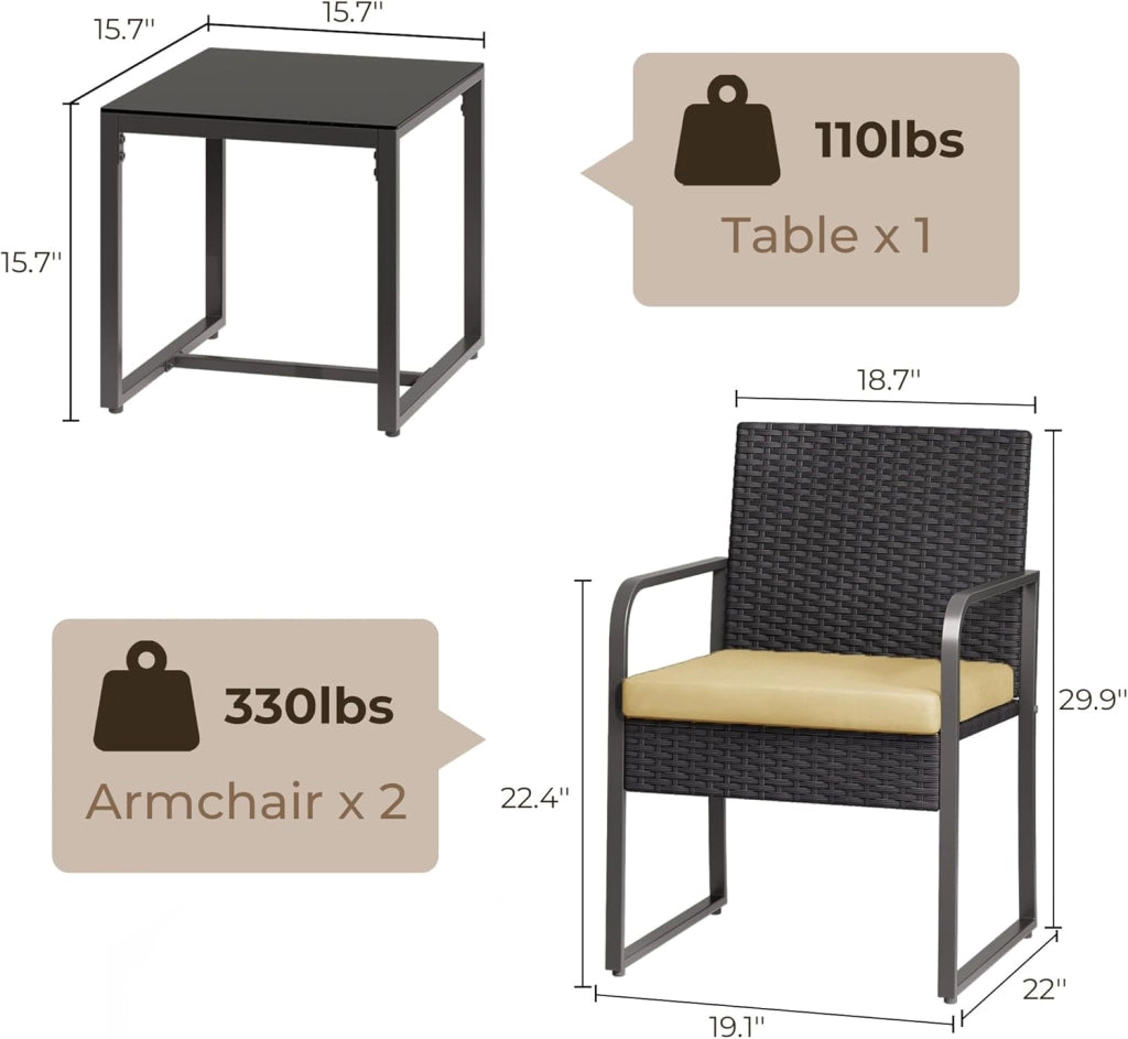 Set Giardino in Rattan per 2 Persone, Mobili da Esterno in Vimini con Cuscini, Tavolino e 2 Sedie per Terrazza, Balcone, Giardino o Piscina (beige)