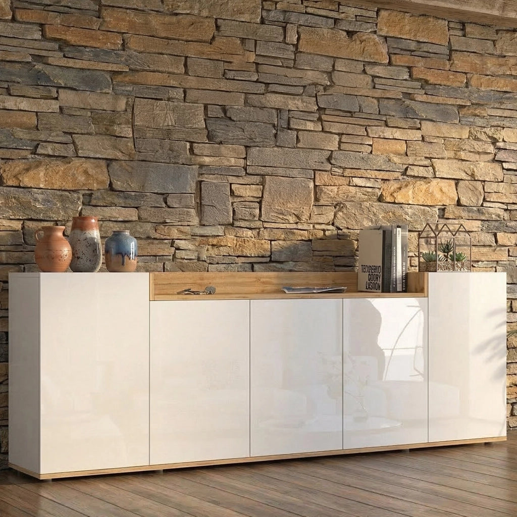 Madia Cordele, Credenza 7 Ripiani Made in Italy, 200x35x70h cm Bianco Lucido