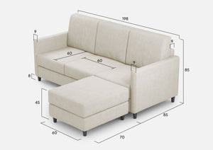Divano 3 Posti con Pouf 198x155x85 cm Karay in Tessuto Latte