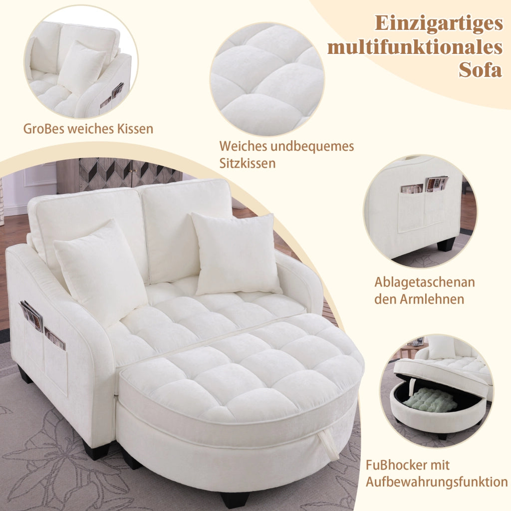 Divano letto multifunzionale con pouf contenitore e chaise longue - in eucalipto e tessuto beige