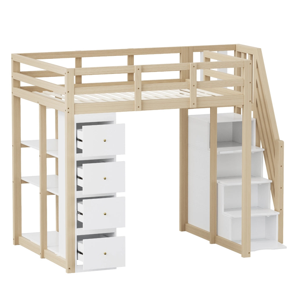 DESMIU Letto a soppalco 140 × 200 cm con 4 cassetti, ripiani e scala, senza materasso, legno naturale e bianco