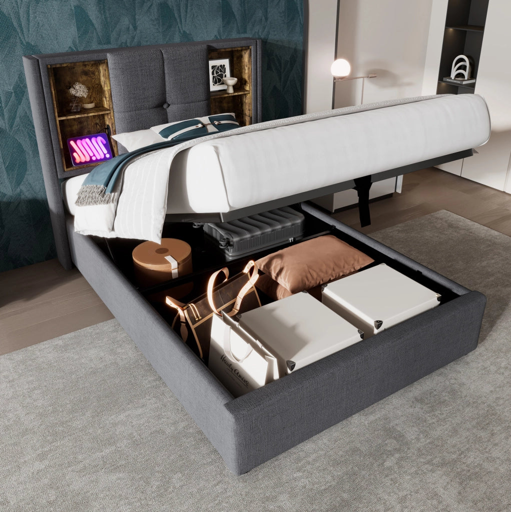 Letto singolo 90x200 cm con contenitore; ricarica wireless e porta USB C; cotone grigio