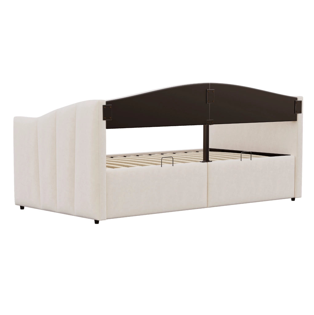 Letto imbottito 90x200 cm beige, velluto con contenitore idraulico e rete a doghe