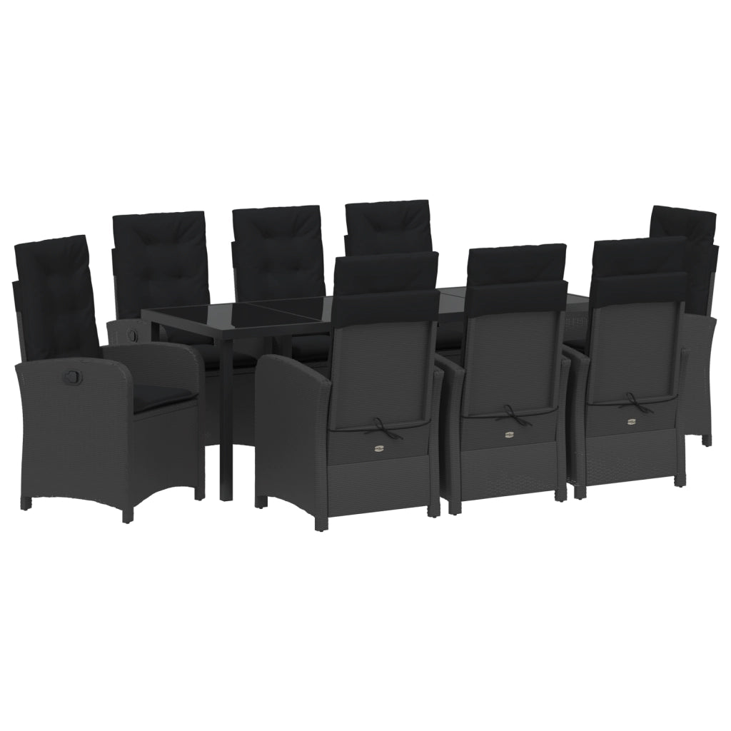 Set da Pranzo da Giardino 9 Pezzi con Cuscini Nero in Rattan Poliestere