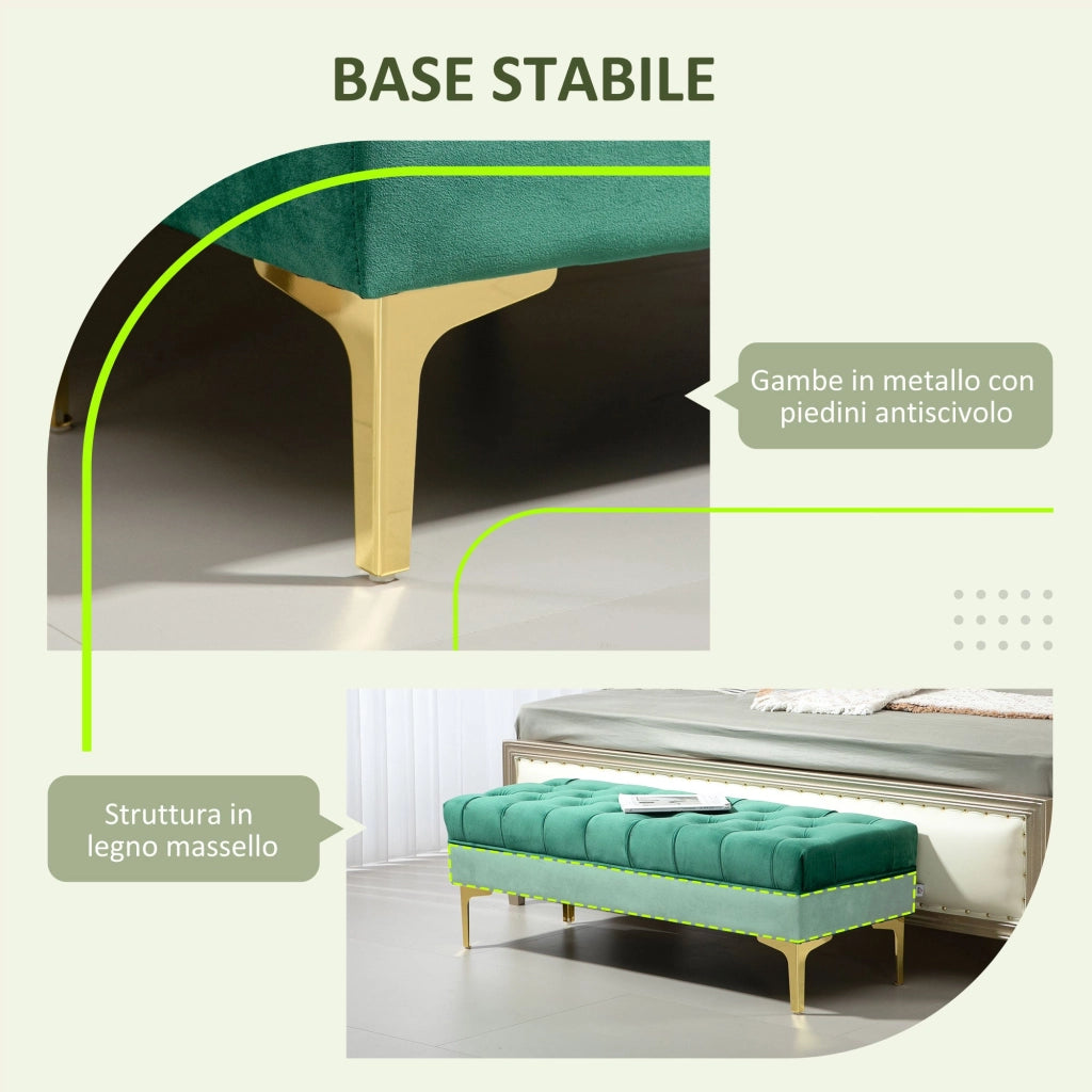 Panca Fondo Letto Imbottita con Rivestimento Trapuntato in Effetto Velluto 118x45x42 cm Verde Scuro
