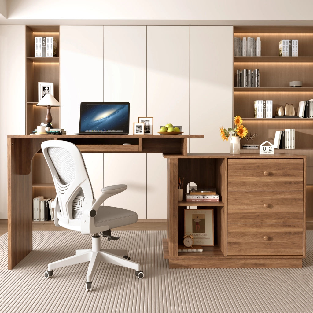 Scrivania estraibile con cassetto tastiera, 2 vani aperti e 3 cassetti, per studio, in MDF, noce, 110 × 40 × 75.5 cm