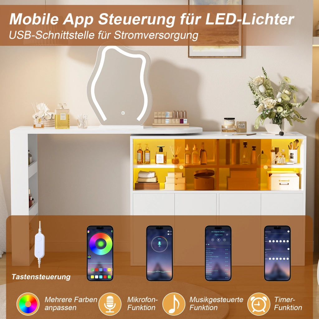Tavolo da toeletta girevole con LED; ampio spazio multistrato; utilizzabile anche come scrivania; Bianco; 177×40×131;5cm
