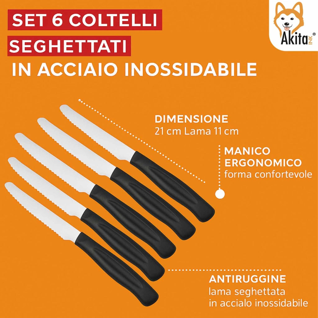 Akitaink Set 6 Coltelli da Tavola con Lama Dentata