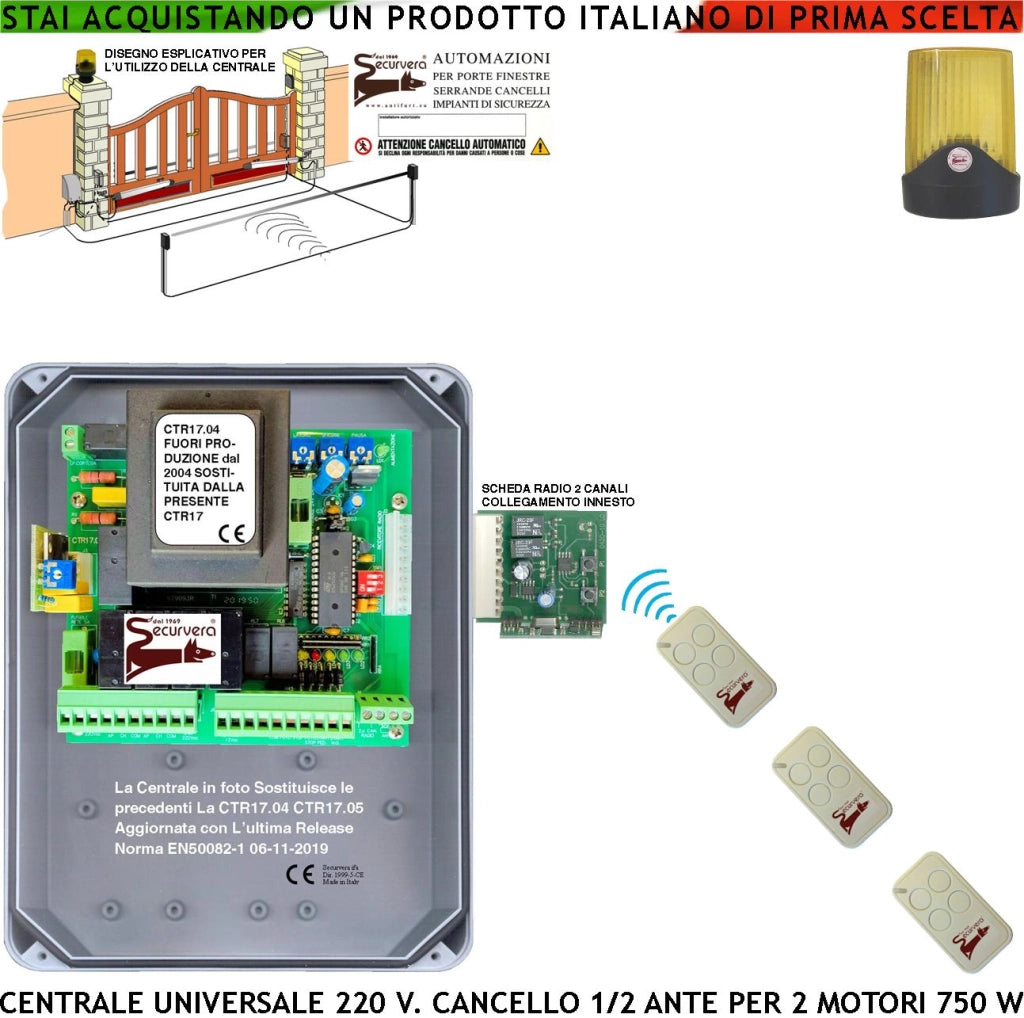 CENTRALE CANCELLO 2 ANTE BATTENTI 220 V SOSTITUISCE LE PM8000 CTR17.05 SCHEDA RADIO 3 RADIOCOMANDI SELEZIONE FUNZIONE FARO CARTELLO