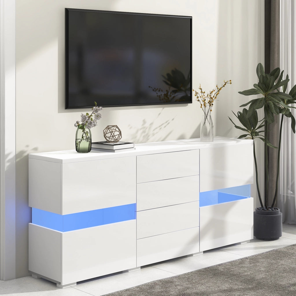 Madia con 2 ante e 4 cassetti; illuminazione LED - in MDF - 145x35x72 cm - bianco