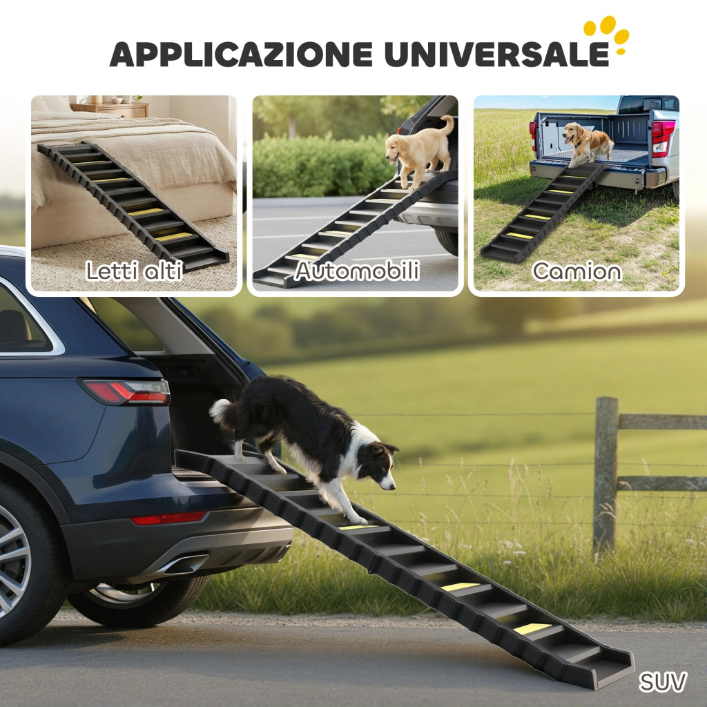 Scaletta per Cani Pieghevole per Auto da Viaggio a 10 Gradini Antiscivolo Capacità 68 kg in PP e TPR Nero
