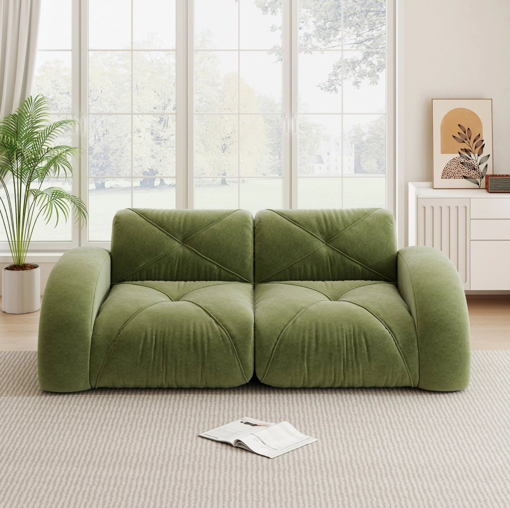 Divano modulare 2 posti verde in ciniglia; design senza telaio