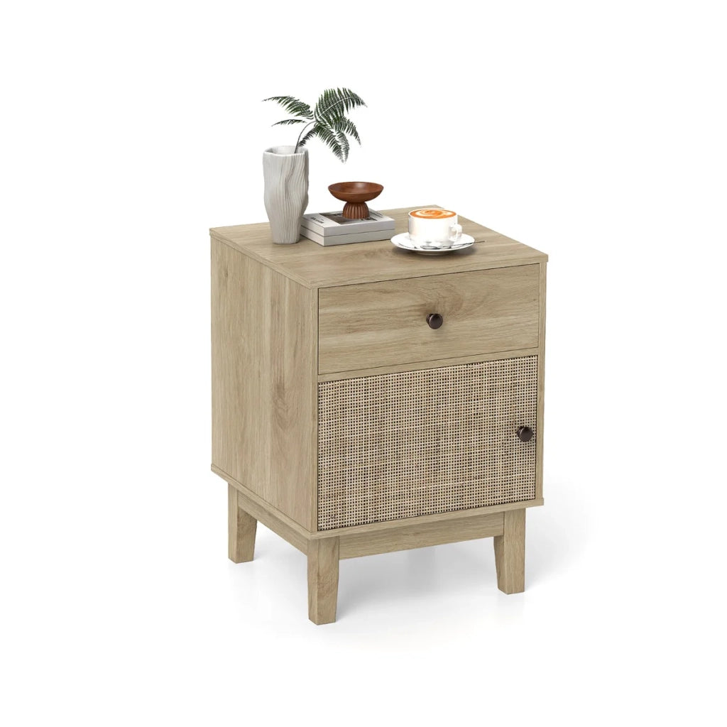 Comodino in rattan 40 x 39 x 55 cm con cassetto e mobiletto stile moderno bohémien chic realizzato in MDF naturale 20_0013949