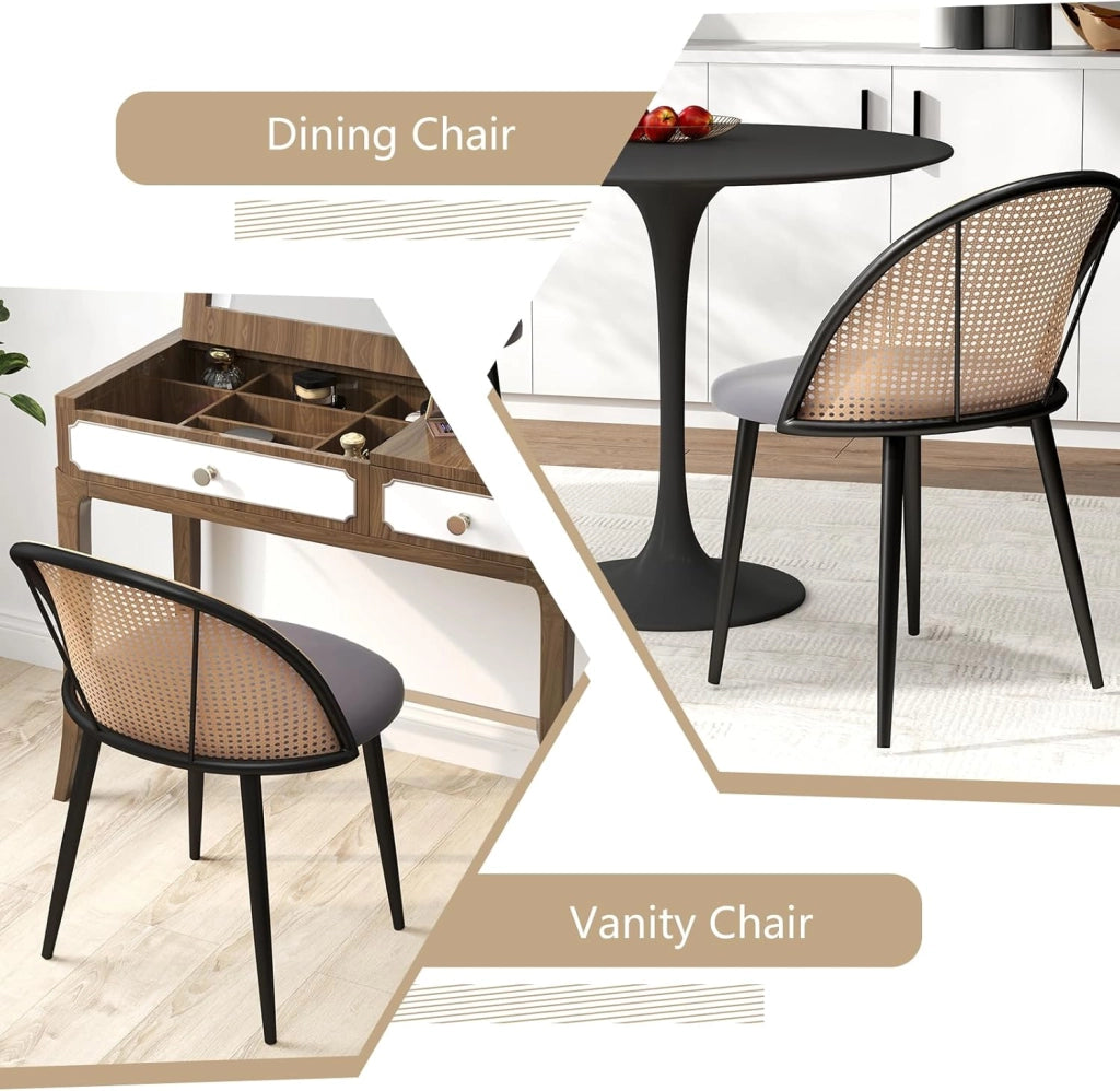 Set di 2 sedie da pranzo in rattan, da cucina senza braccioli con schienale intrecciato e gambe in metallo, da ristorante, portata fino a 150 kg, sedie imbottite in rattan