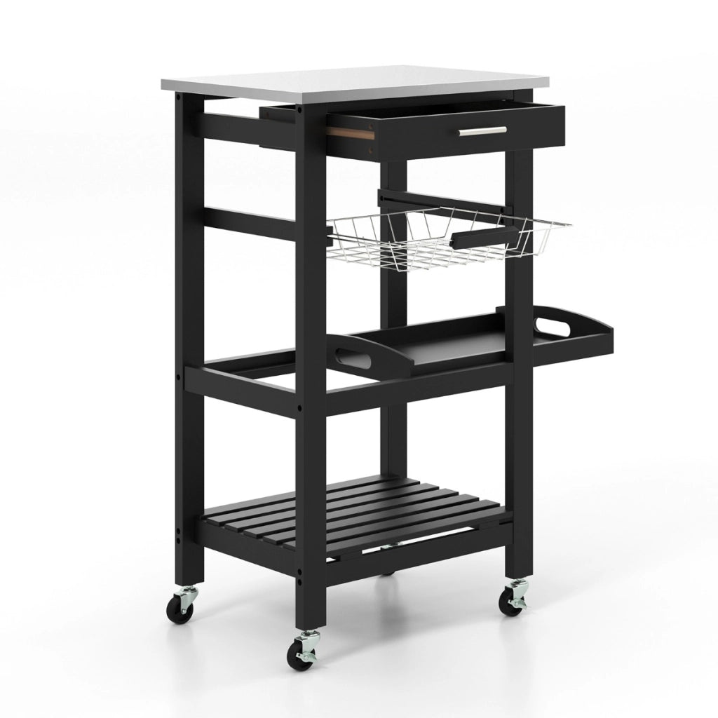 Carrello a 4 livelli con piano in acciaio inox cestino in rete e vassoio rimovibile, Carrello da cucina Isola da cucina Nero